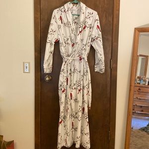 The Vermont Country Store Flannel Robe Size Small Bird Print Cotton Pockets